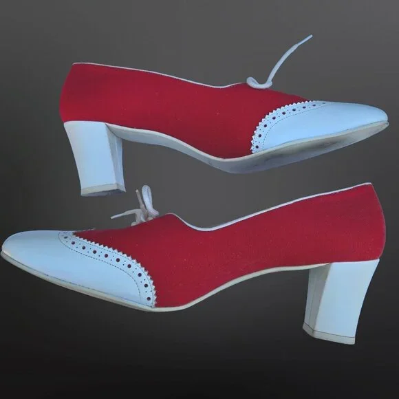 Vintage Socialites Spectator Heels Pumps Size 8 Red White 70s Does 40s Lace Up - Picture 9 of 11